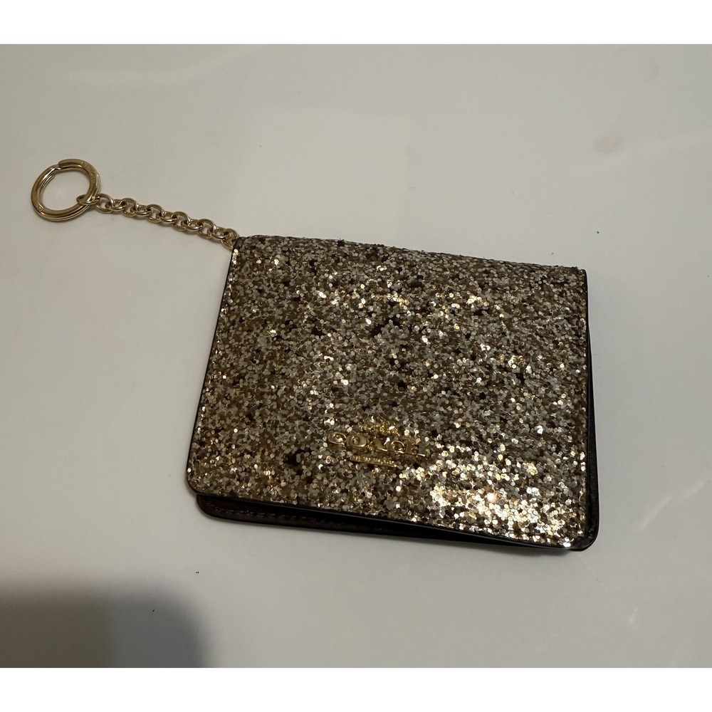 Coach Card Case Women OS Gold Brown Glitter Leather Bifold Key Ring Chain